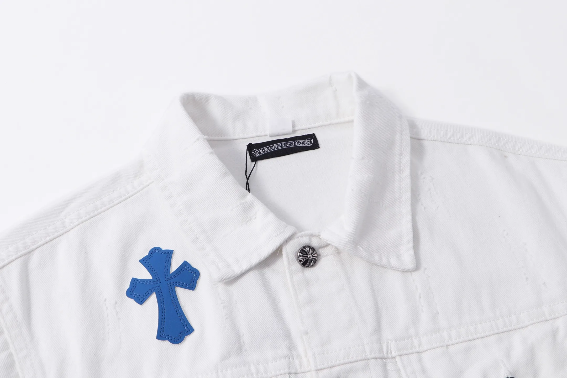 P310 Chrome Hearts Chrome Hearts leather cross-piece embroidered shirt denim jacket Color: black blue black Size: M L XL XXL XXXL